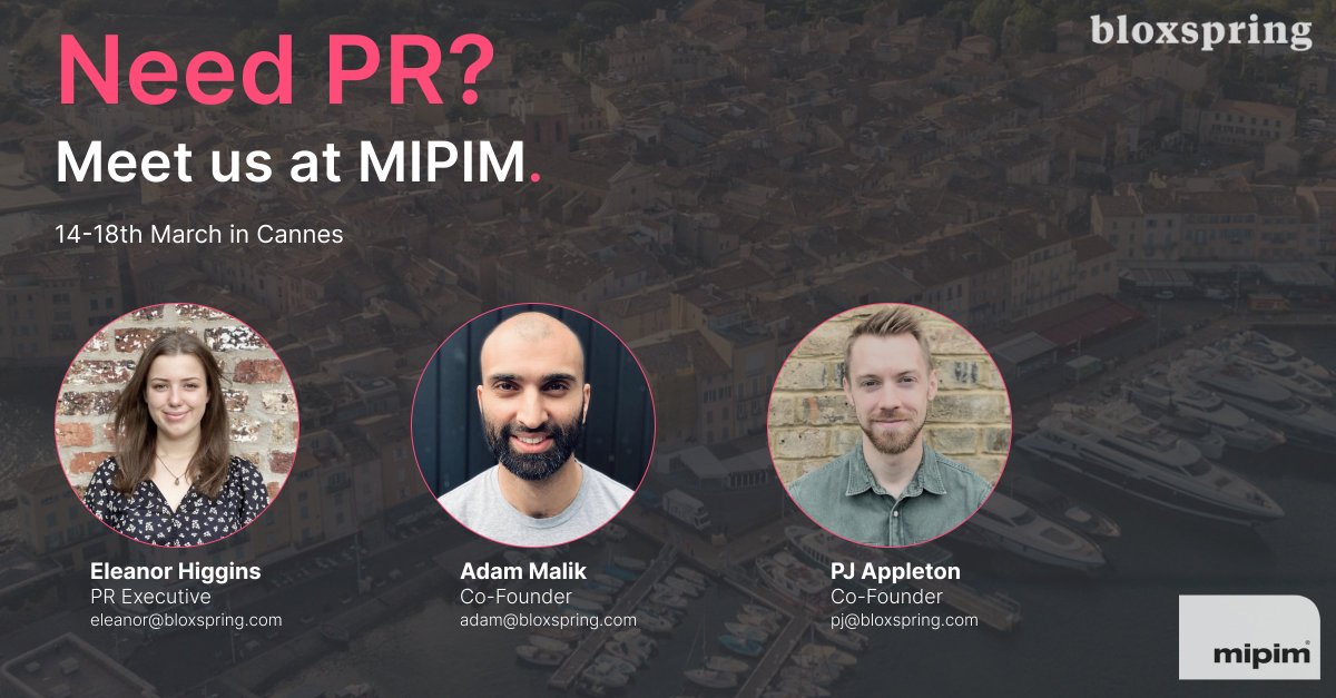 Meet our MIPIM team! In just a couple of weeks we'll be heading to Cannes for the highly anticipated event to meet with our clients, catch up with industry friends and ask if you #NeedPR?

If you'd like to organise a chat, drop us a DM or email hello@bloxspring.com.