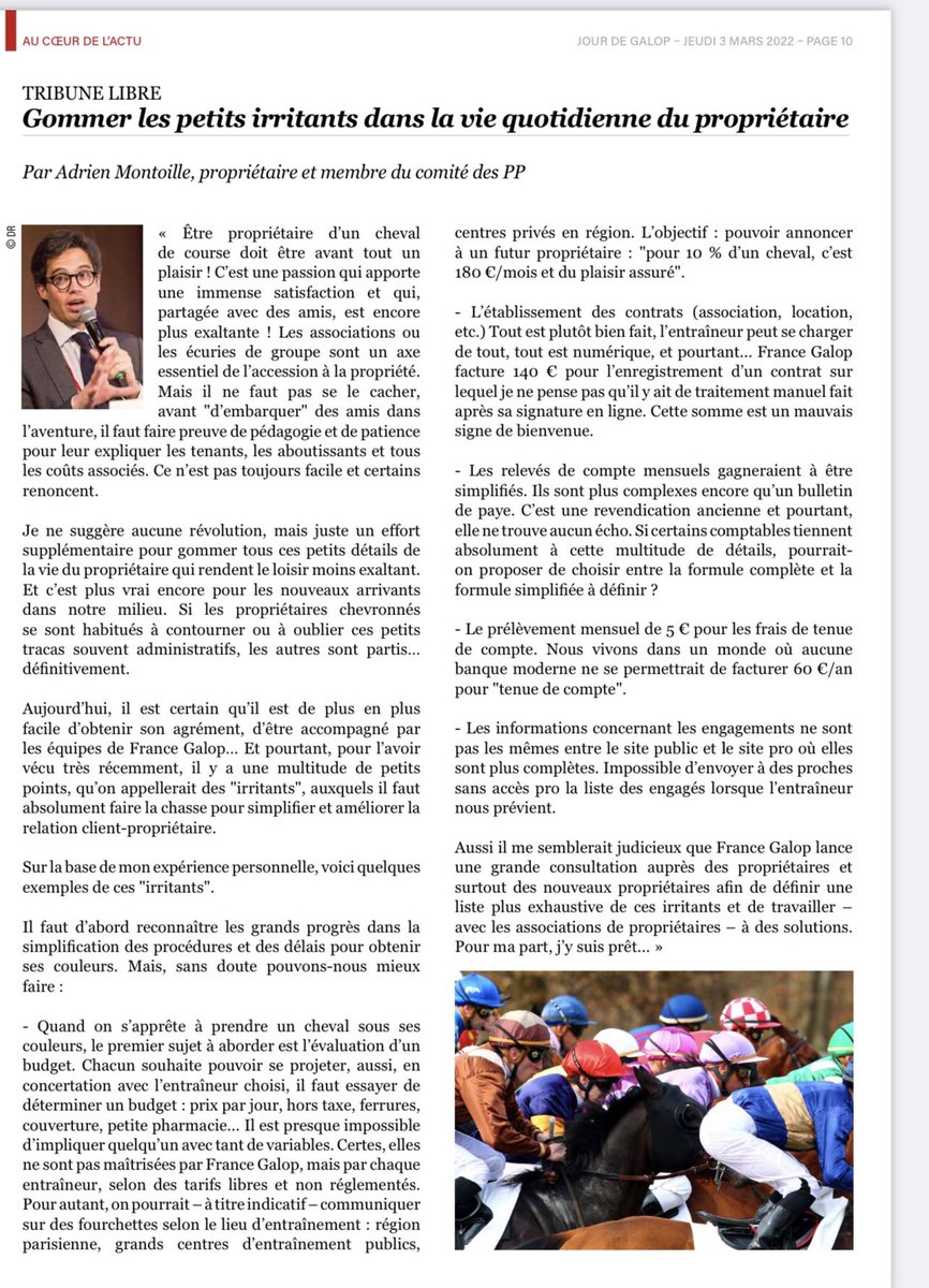 Excellente contribution de notre collègue <a href="/montoi_a/">Adrien Montoille</a> dans le <a href="/Jour_de_Galop/">Jour de Galop</a> de ce matin afin d’attirer l’attention sur la nécessité de mieux accueillir les candidats propriétaires
