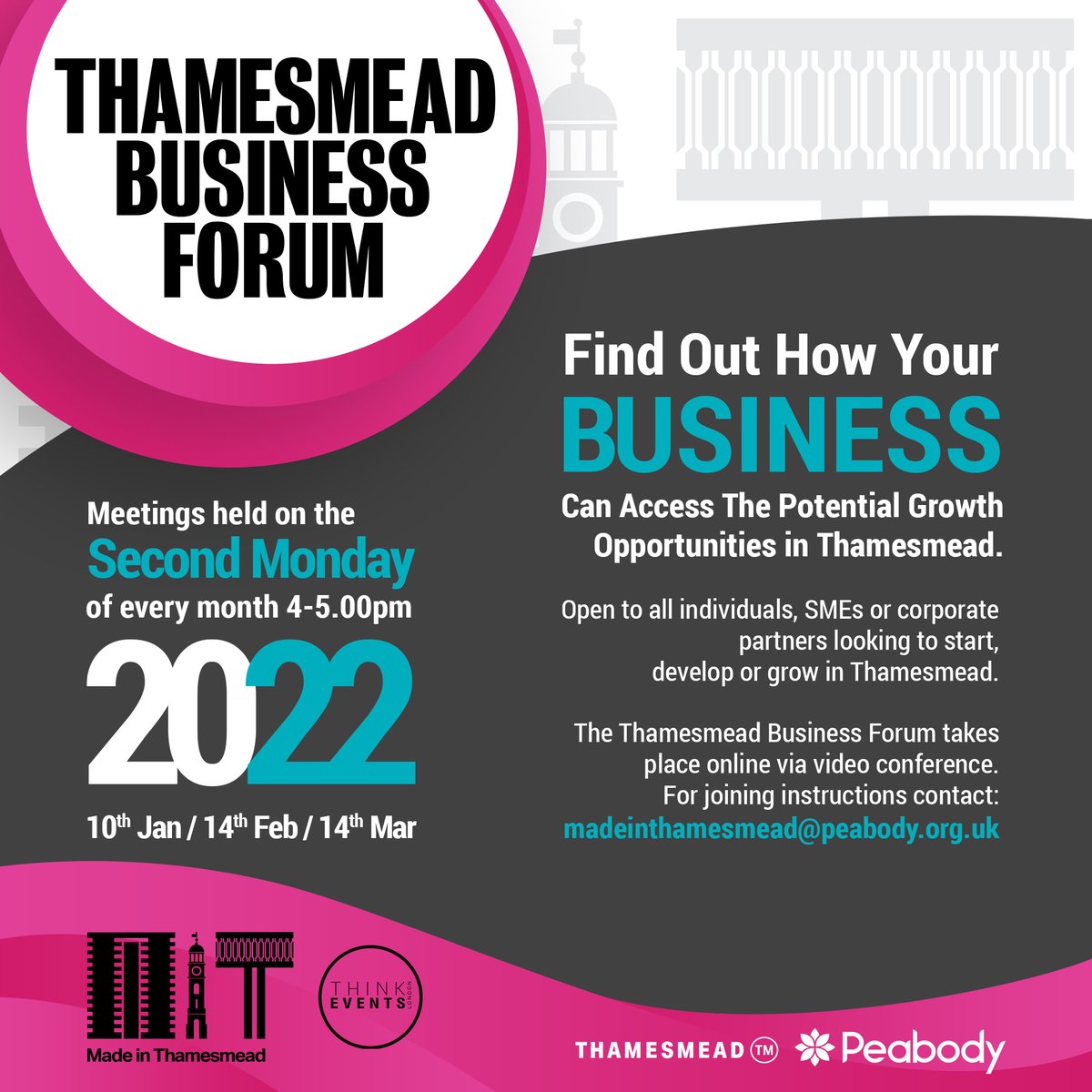 Thinkevents's tweet photo. 📢 to Thamesmead businesses! Like to meet some other company owners to talk about opportunities and issues? 

📅 Join us on Monday 14 March 2022 from 4pm

Email madeinthamesmead@peabody.org.uk for joining instructions!

#thamesmead #se28 #southeastlondon #smallbiz @PeabodyLDN https://t.co/tlDppPL1yK