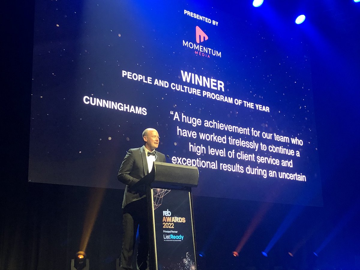 REBAustralia's tweet photo. A huge congratulations to the Cunninghams team for taking home the People and Culture Program of the Year award! #REBawards https://t.co/AMbH7P6QCQ