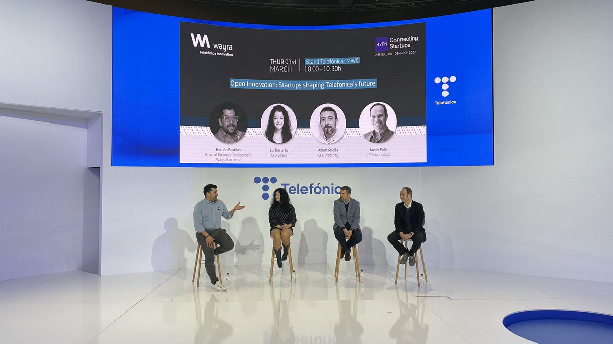Wayra's tweet photo. 🔴 LIVE Open Innovation: Startups shaping @telefonica's future! 

We are now at the #TelefónicaMWC Ágora getting to know these three @wayraes portfolio startups with technological solutions that will revolutionize the future of the company: @watchity_ @volavafitness &amp; @councilbox https://t.co/IXYPFjrENM