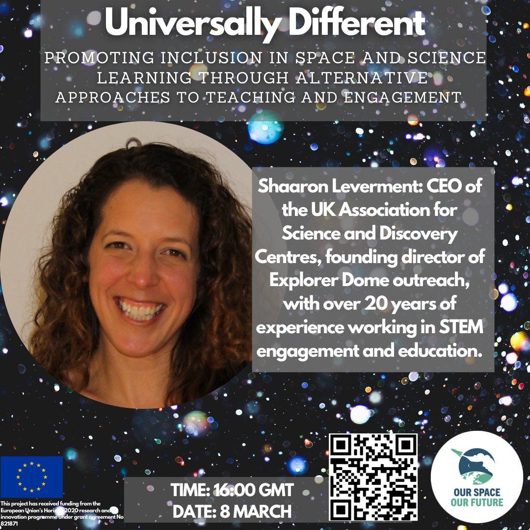 OurSpace_Future's tweet photo. #meetthespeakers
Let's make space for everyone!
Join us on March 8 at 16:00 GMT for #Universallydifferent, where we will hear from @SLeverment the CEO of the @sciencecentres and director of @ExplorerDome.
https://t.co/OEwE3NENcK
#stemeducation #inclusion #accessibility https://t.co/4LlvncslDb