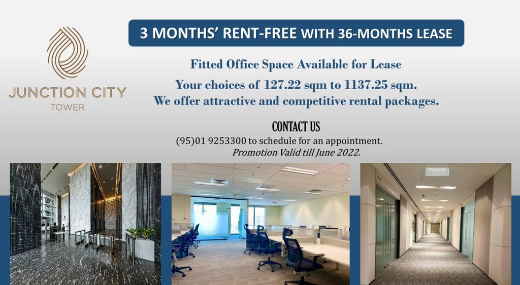 Grade A Office Building, Grade A Location

Panoramic views of the city, backup power supply and state-of-the-art security systems allow you to work inspired and with confidence.

Offering 3 months rent free with 36 months lease for the chamber members.