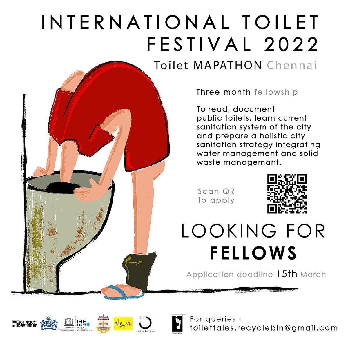 Toilet_Festival's tweet photo. Attention enthusiastic fellow beings! Want to learn various aspects of the sanitation network and conditions of Chennai city? Apply for the Toilet Fellowship 2022. From toilet design, public health to toilet economy and governance, Public toilets of Chennai are to be looked at. https://t.co/1zBMNGdIcK