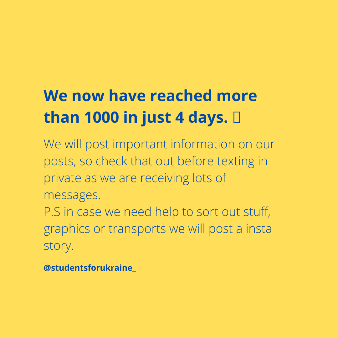 Student4Ukraine's tweet photo. UPDATE TIME (DAY 4) - reached 1000 Instagram followers 💪🚀https://t.co/KCCT0mGTJI

#studentsforukrainenl #slavaukraini #SupportUkraine https://t.co/fSA0bmAZhP