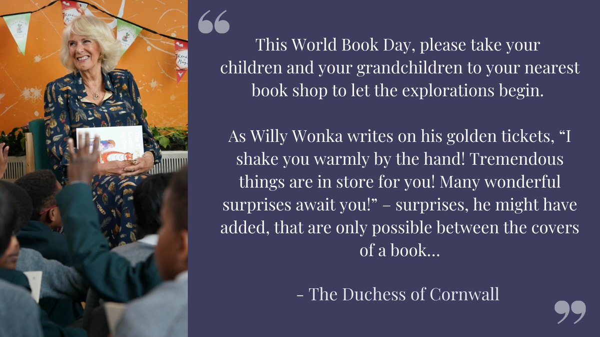 Clarence House (@clarencehouse) on Twitter photo Let imaginations run wild this #WorldBookDay!
The Duchess of Cornwall has praised <a href="/WorldBookDayUK/">World Book Day UK 📚</a> for bringing the joy of reading to children for 25 years. 📚
Read HRH’s article, originally published in the <a href="/DailyMirror/">The Mirror</a>, here:
🔗 bit.ly/3sAuUUf Let imaginations run wild this #WorldBookDay!
The Duchess of Cornwall has praised <a href="/WorldBookDayUK/">World Book Day UK 📚</a> for bringing the joy of reading to children for 25 years. 📚
Read HRH’s article, originally published in the <a href="/DailyMirror/">The Mirror</a>, here:
🔗 bit.ly/3sAuUUf