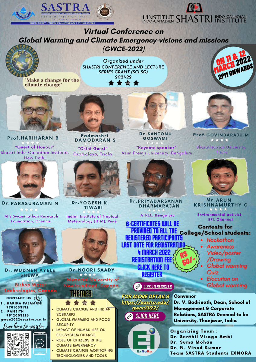 OfficialSICI's tweet photo. #climatechange is one of the most debated &amp; perplexing issues of our time. Join 2-day virtual conference on #GlobalWarming &amp; #ClimateEmergency" organized by @SASTRA_Univ &amp; funded by SICI. 

Details 👉https://t.co/fC82ILOnWo

@HCI_Ottawa 
@CanadainIndia 
@EduMinOfIndia 
@moefcc https://t.co/QoZYA8PLDh