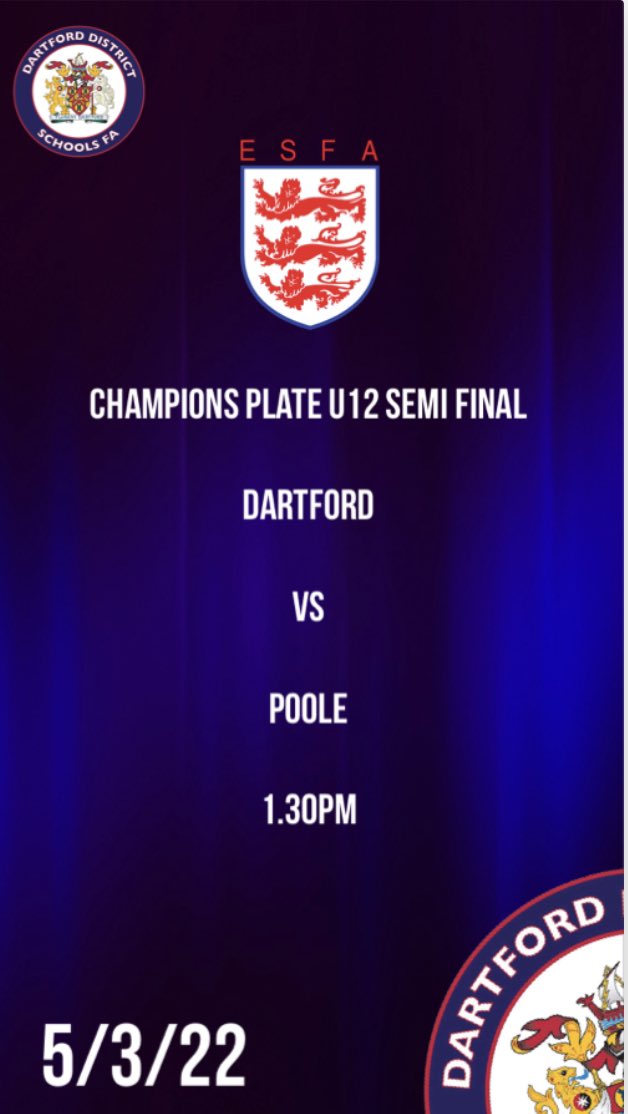 Four exciting fixtures weekend.

Dartford vs <a href="/TandMSFA/">Tonbridge & Malling District Schools FA</a> 
9am

Dartford vs <a href="/MedwayDistrict/">Medway District</a> 
10am

<a href="/FootballCroydon/">Croydon Schools Football Association</a> vs Dartford 12.15pm

Dartford vs <a href="/PEDSSAFC/">PEDSSA Football</a> 
1.30pm

<a href="/kentschools_fa/">Kent Schools FA</a> <a href="/SchoolsFootball/">English Schools' Football Association</a>