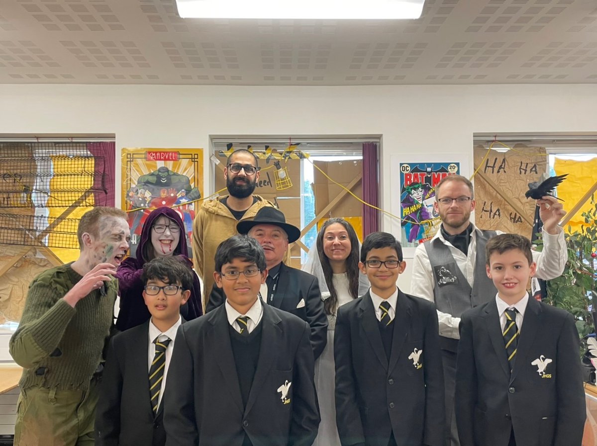 JHGSHW's tweet image. #WorldBookDay is in full swing in the @JHGSEnglish department (and Mrs Templing and Ms Meah joining in too!) Mr Lowe’s classroom is transformed #BeMoreInvolved #readingisfun