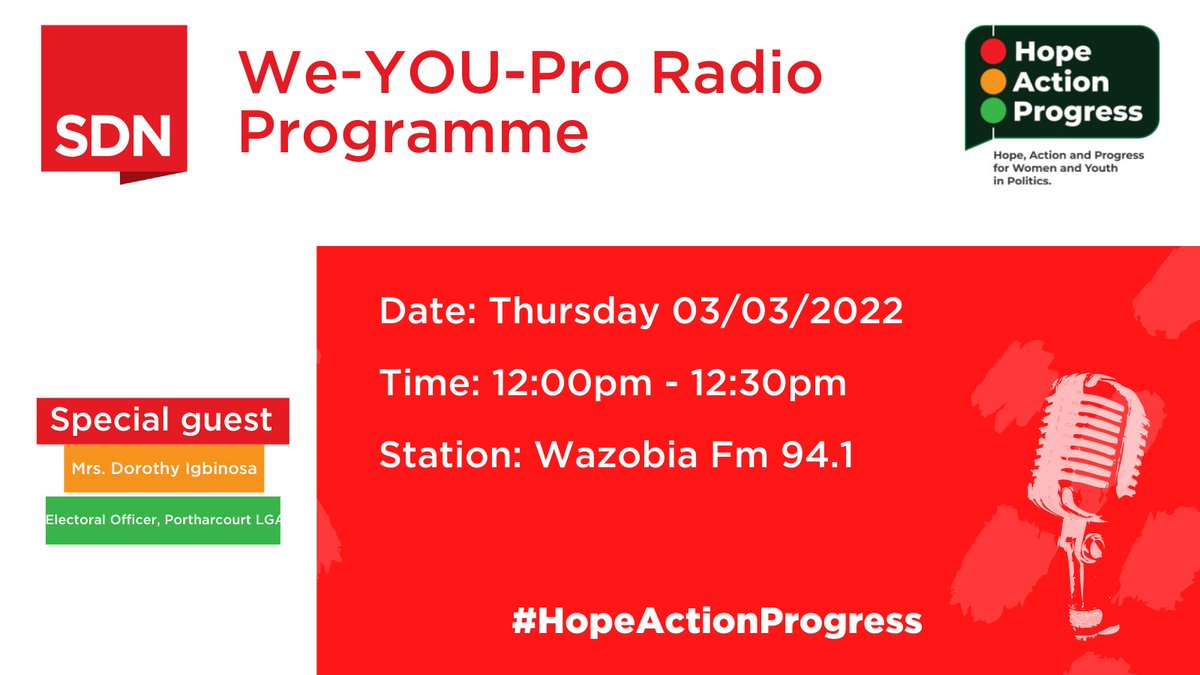 SDNNigerDelta's tweet photo. Join the #WeYOUProRadioProgramme today on @NigeriaInfoPH at 12:00pm-12:30pm.
Topic: New polling units in Port Harcourt Local Government Area in Rivers State.
Guest: Mrs. Dorothy Igbinosa (Electoral Officer Port Harcourt LGA).
Tune in.
#WeYOUPro #HopeActionProgress https://t.co/ofkVbqgLVt