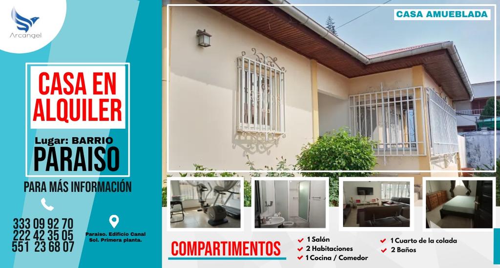 La empresa Arcangel dispone de una Casa en Alquiler ubicada en el barrio Paraíso. 
 
➡️ Casa amueblada
➡️ 1 Salón
➡️ 2 Habitaciones
➡️ 1 Cocina
➡️ 1 Cuarto de la colada
➡️ 2 Baños 

Para más información pónganse en contacto con los números que aparecen en el flyer.

#arcangel