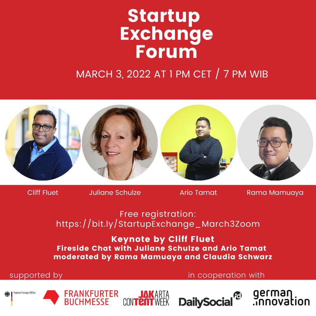 Today at 1pm CET / 7pm WIB Startup Exchange Forum will kick off with a keynote by @CliffFluet (Eleven) and a fireside chat between Ario Tamat (<a href="/KaryaKarsa/">Kesavan N</a>) and Juliane Schulze (Schulz Media Consultancy) moderated by Rama Mamuaya (Dailysocial.id) german-innovation.org/startup-exchan…