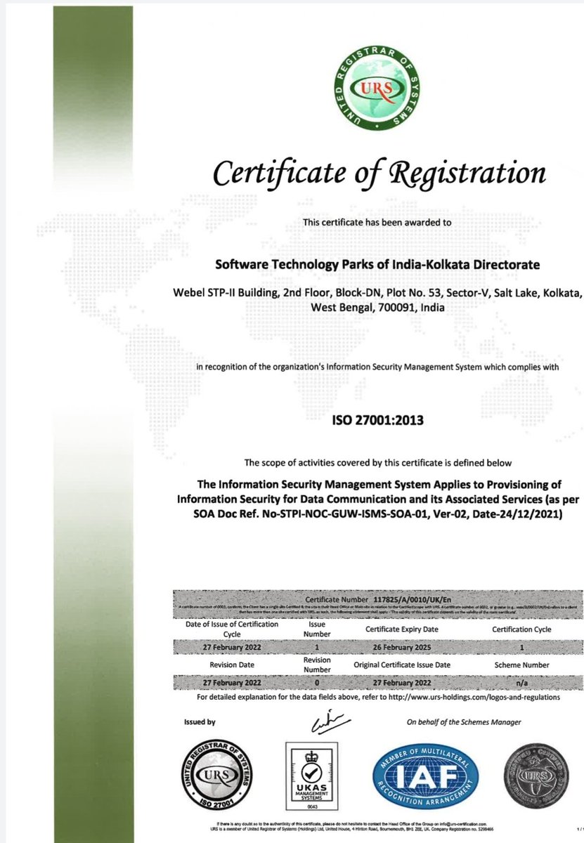 stpi_kolkata's tweet photo. #STPIINDIA KOLKATA Jurisdictional Directorate along with its subcenter are ISO 27001:2013 certified for #Information_Security_Management_System (ISMS) @arvindtw https://t.co/vhFGFZaTpU