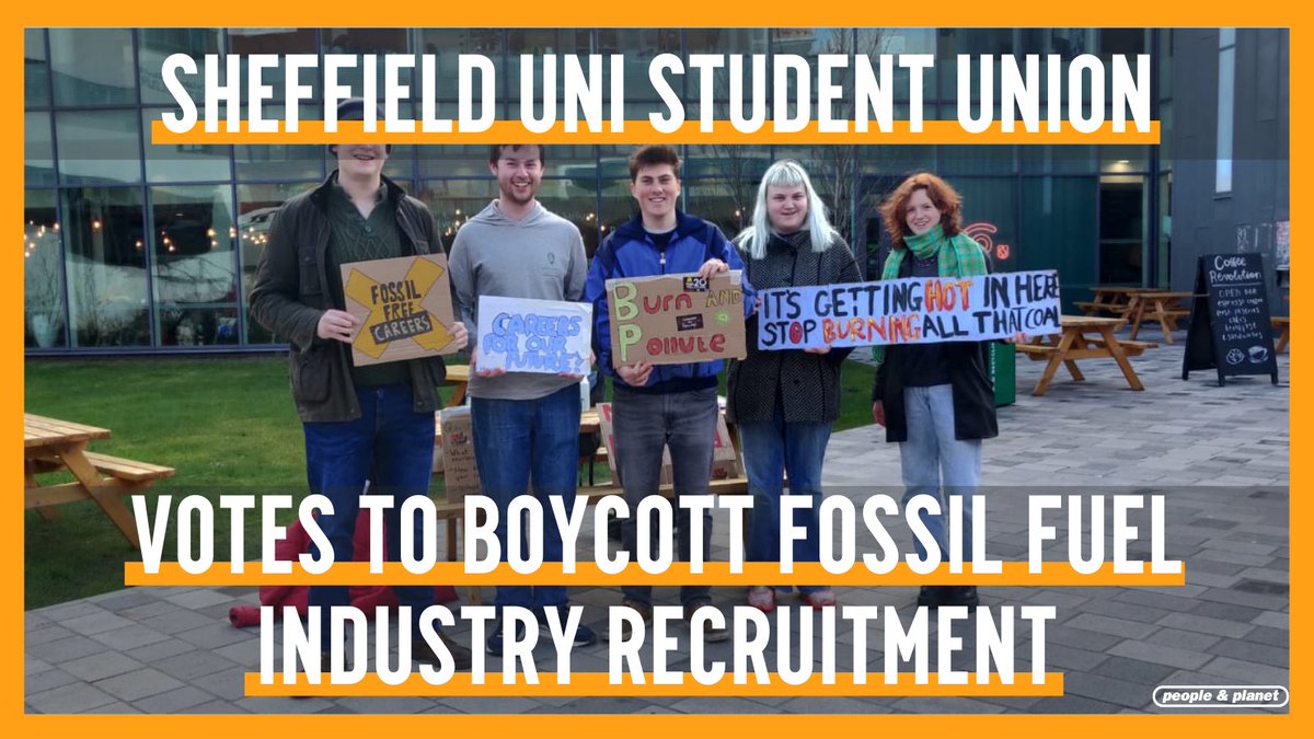 🎉 VICTORY: <a href="/SheffieldSU/">Sheffield SU</a> votes through Fossil Free Careers &amp; will boycott all fossil fuel industry recruitment ✊

Add your voice to student demands for Fossil Free Careers at Sheffield @UniSheffCareers ✍️ peopleandplanet.org/petitions/foss…

Keep us winning 👉 peopleandplanet.org/donate