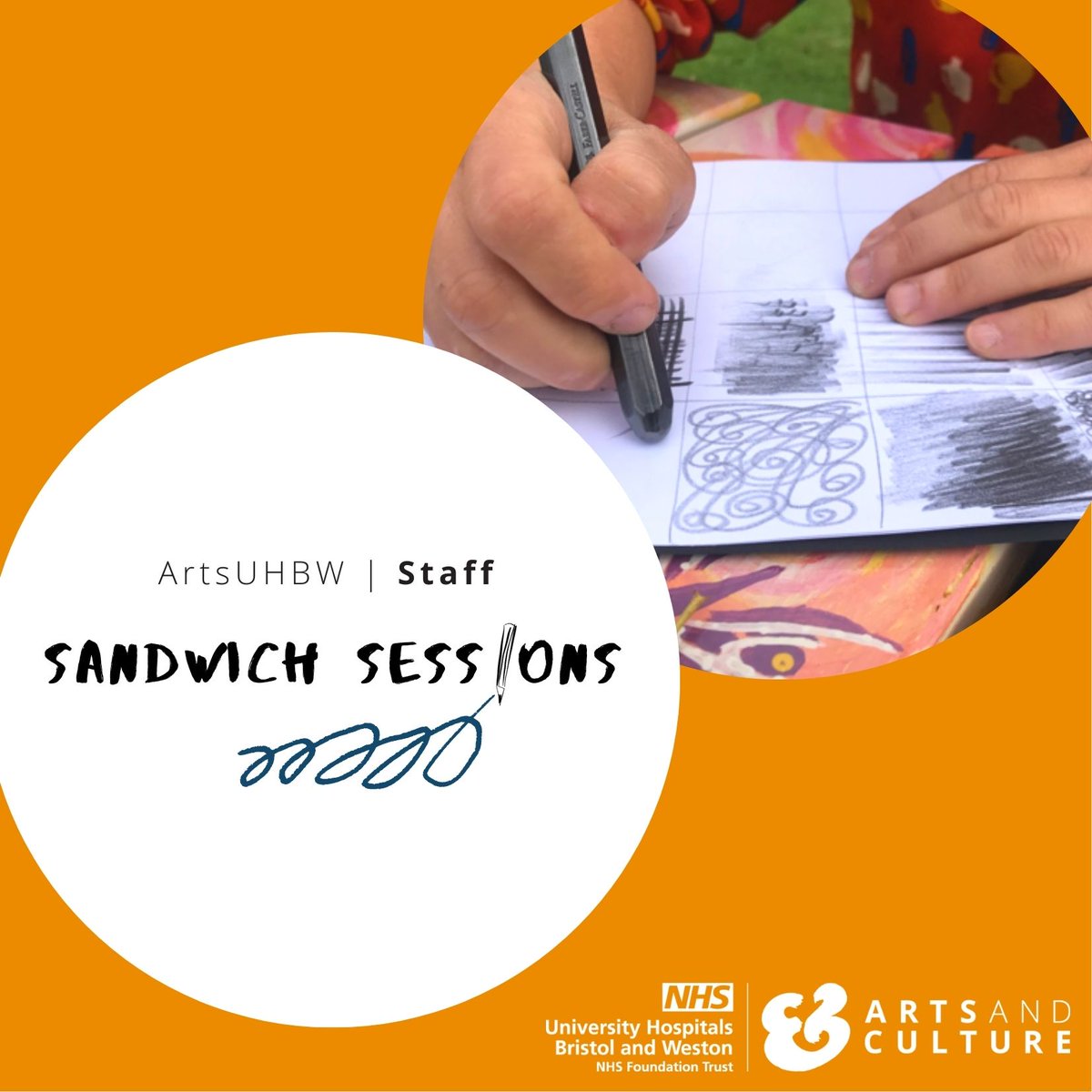 ArtsUHBW's tweet photo. Join us for a creative half-hour Sandwich Session for @uhbwnhs staff 12.30-1pm
Drop in - TODAY
All invited, share with your colleagues - sessions run every Thursday lunchtime with a different creative activity every week!
#hospitalarts #lunchtimecreativity #creativewellbeing https://t.co/hJ6SPRvbUj
