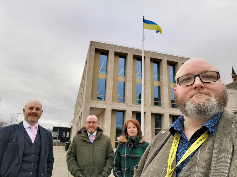 Yesterday Depute Provost @KpConaghan arranged to fly the Ukraine national flag from @WDCouncil offices at Church Street and Solidarity Plaza. We are also seeking to light up buildings as others have done in a show of support. Read my full statement at bit.ly/3ttpxW0