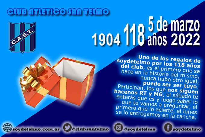 clubsantelmo's tweet photo. 1⃣1⃣8⃣ @clubsantelmo 
👉 Festeja con nosotros los 118 años de #SanTelmo, uno de los regalos puede ser tuyo, seguinos, hacenos RT y MG y ya empezás a participar por el mismo, 
🎁Te imaginás que puede ser ? https://t.co/XZi09L4xza