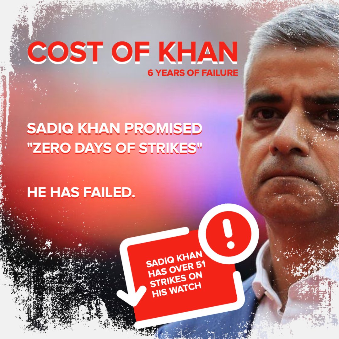 CityHallTories's tweet image. Today London faces another day of standstill. This is the 52 strike on Sadiq Khan's watch. The most ever, more than both of his predecessors combined.