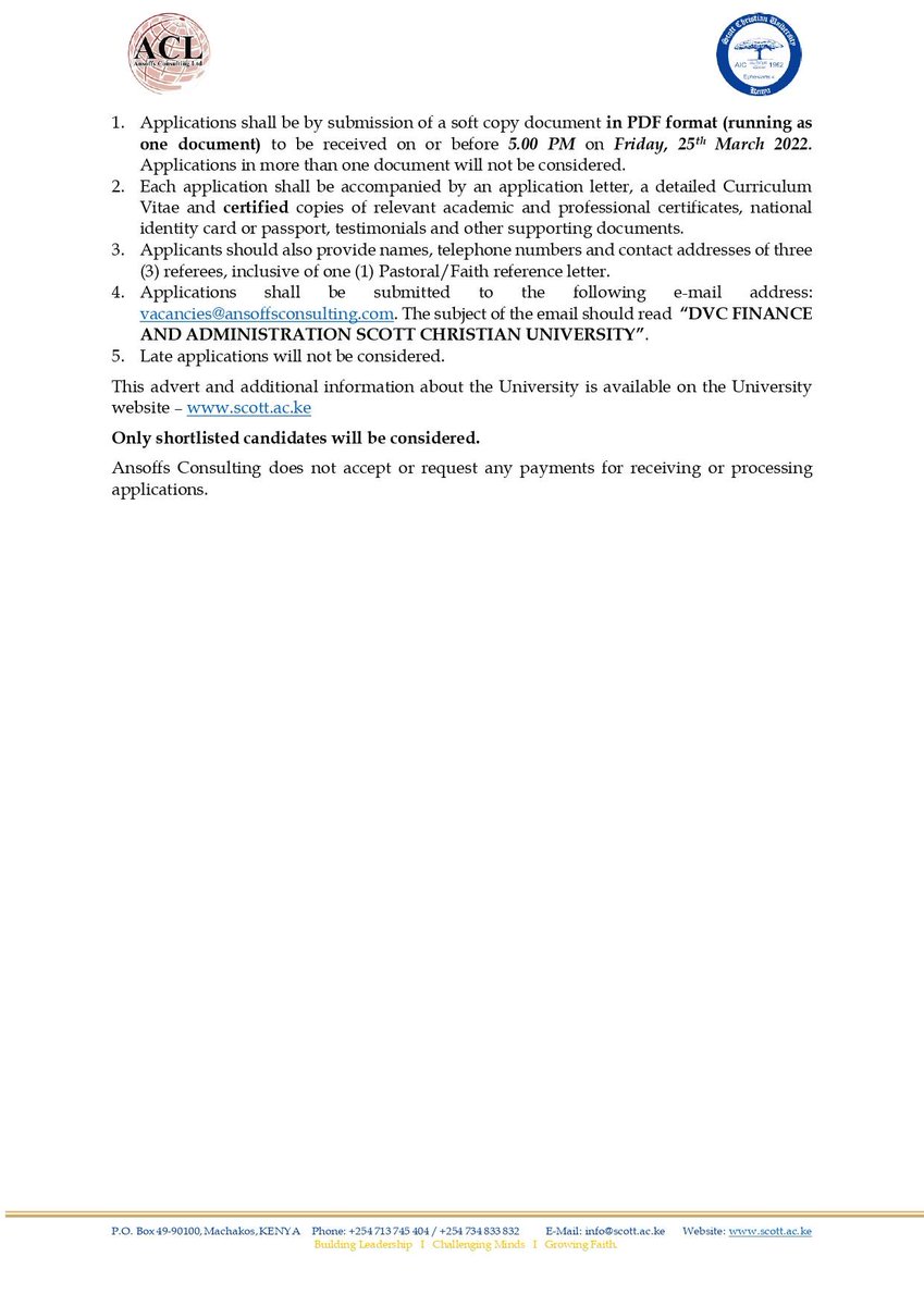 Our client, Scott Christian University wishes to fill the below vacancy. We also invite applications for the position of Deputy Vice-Chancellor, Finance &amp; Administration 

#IkoKazi 
#IkoKaziKE