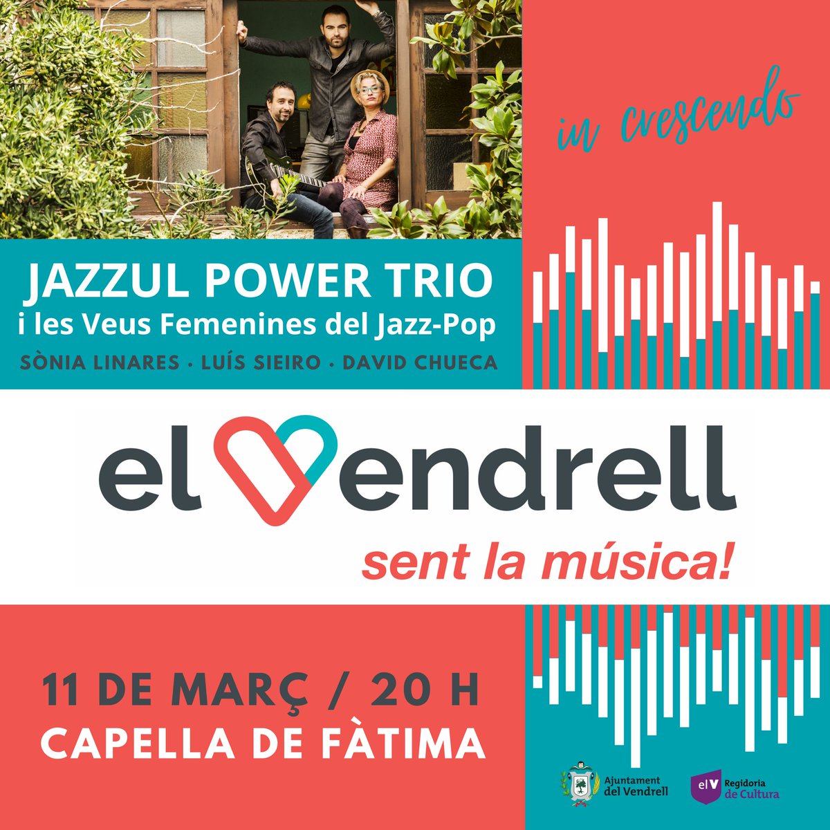 Jazzulmusic's tweet photo. 🎥❤️ La setmana de la Dona la celebrarem amb concert en viu amb Jazzul Power Trio‼️🎙️🥁

📆 Divendres 11 Març
⏰ 20h
⛪ Capella de Fatima C/de la Pau, 12 (El Vendrell)

Entrada gratuïta 🌴
Portes Obertes 19'30h. 🎪🎯👇

@rtvelvendrell @culturaelvendrell 
https://t.co/jPnc7wxLGu https://t.co/Mm3plKcqW7