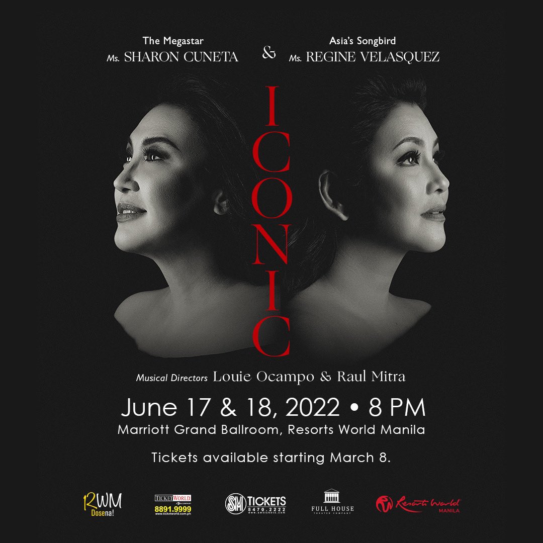 Catch Ms. Sharon Cuneta and Ms. Regine Velasquez-Alcasid in 𝐈𝐂𝐎𝐍𝐈𝐂, June 17 and 18 at the Marriott Grand Ballroom, Resorts World Manila. Tickets available starting March 8 at Ticketworld.com.ph and SMTickets.com #IconicRWManila #SharonCuneta #RegineVelasquez