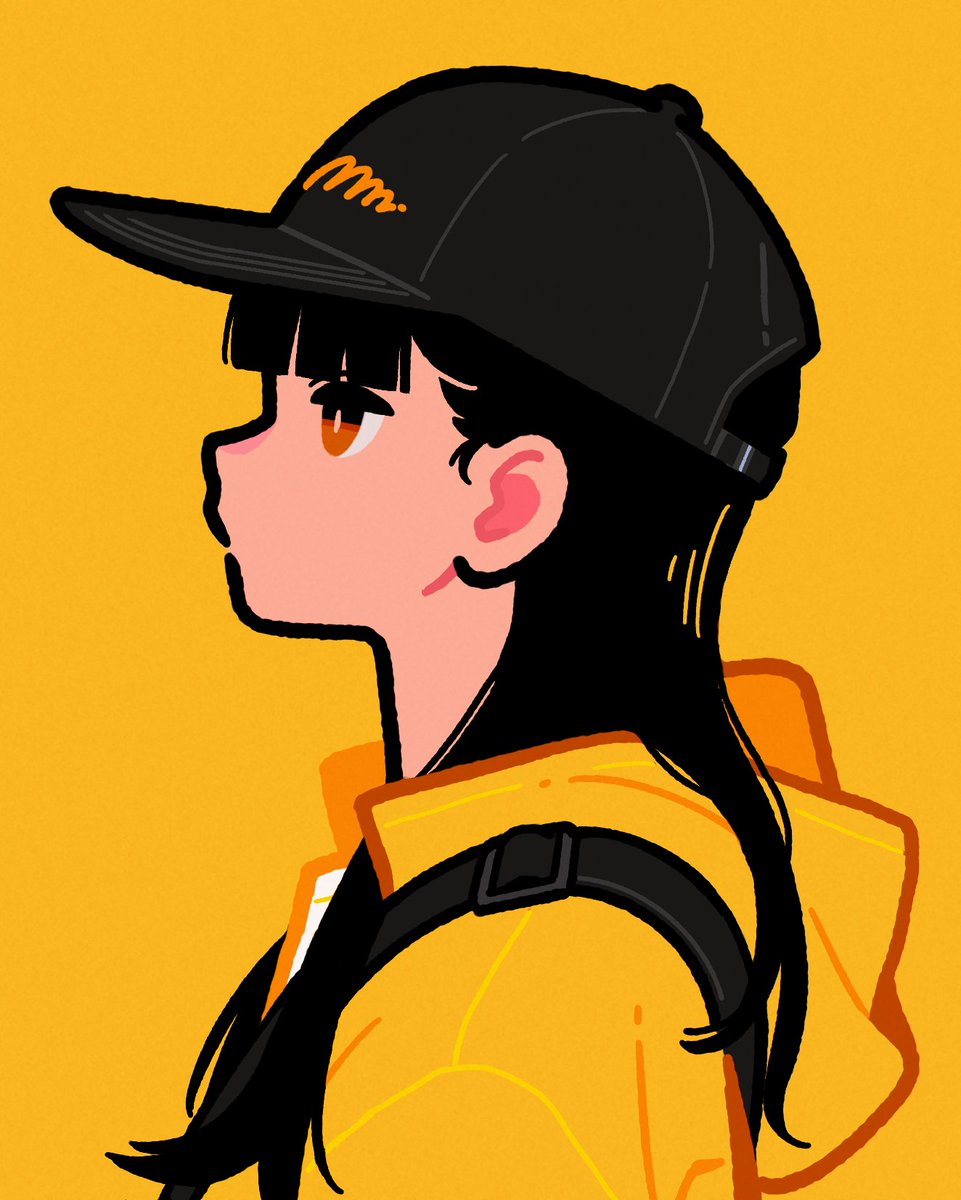 1girl solo hat yellow background long hair black headwear black hair  illustration images