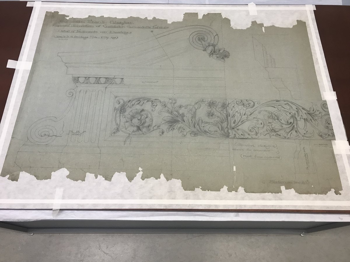 Lining this beautiful graphite drawing of design proposals for the pediments at 
Commercial Bank Glasgow onto the kari bari board in our conservation studio <a href="/HistEnvScot/">Historic Environment Scotland</a> #paperconservation #hesarchives #archives