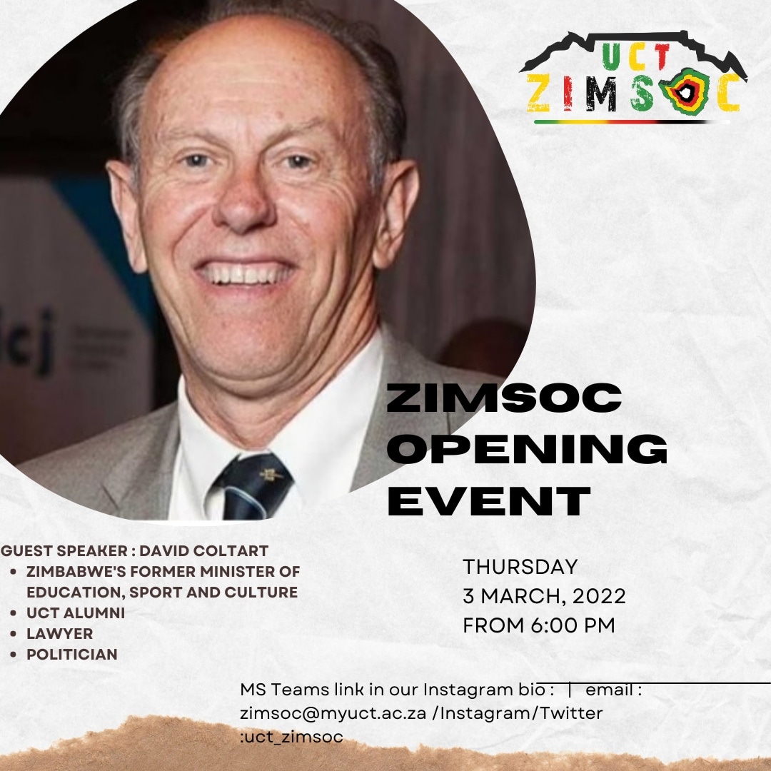 Tonight at 6pm I will be quest speaker at the @uct_zimsoc 2022 Zimsoc Opening Event . The event is open to all. Do log in via @Instagram and MS Teams. #Zimbabwe