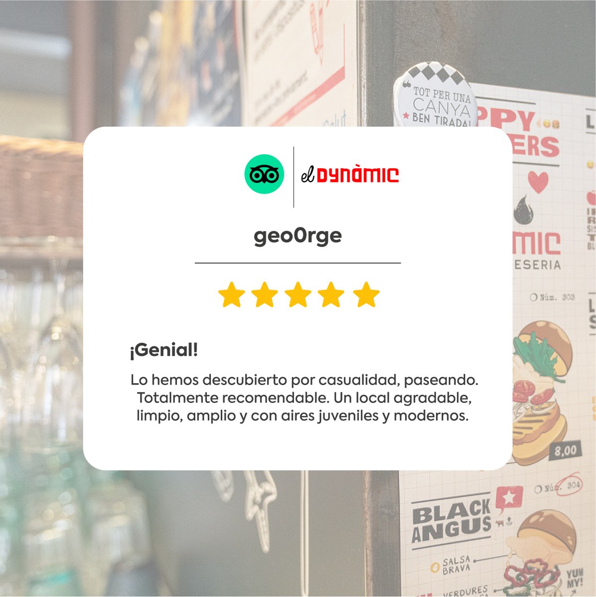 ElDynamicBar's tweet photo. Podeu deixar la vostra opinió al Tripadvisor 🔝 Us llegim!
⁣
Moltes gràcies per tots els comentaris, els tenim en compte i seguim treballant cada dia per oferir-vos el millor servei. Gràcies ❤️⁣

#eldynamic #gentcomtumola #eldynamicfigueres #comerçfigueres #tapes #cerveseria https://t.co/3x6htfAAug