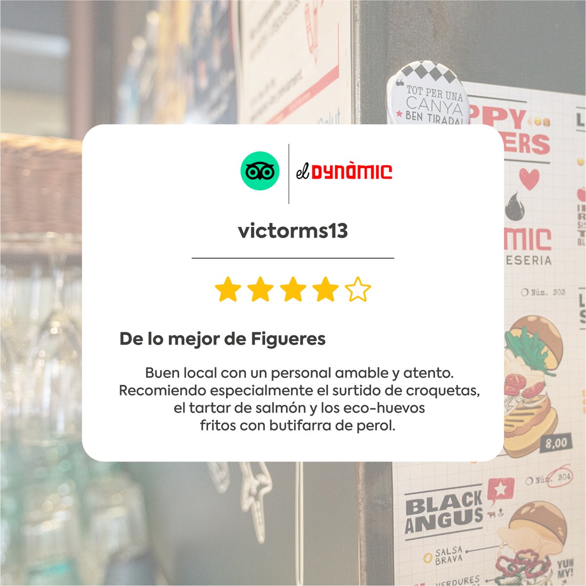 ElDynamicBar's tweet photo. Podeu deixar la vostra opinió al Tripadvisor 🔝 Us llegim!
⁣
Moltes gràcies per tots els comentaris, els tenim en compte i seguim treballant cada dia per oferir-vos el millor servei. Gràcies ❤️⁣

#eldynamic #gentcomtumola #eldynamicfigueres #comerçfigueres #tapes #cerveseria https://t.co/3x6htfAAug