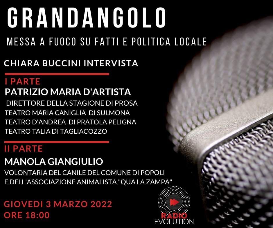 teatromariacan1's tweet photo. Oggi a partire dalle 18.00 Patrizio Maria D'Artista, il Direttore artistico della stagione di prosa del nostro teatro, sarà ospite della trasmissione Grandangolo in onda su  #radioevolution. Si parlerà di prospettive future a tema #teatro e non solo.
#staytuned https://t.co/qdsKy5t9Yp