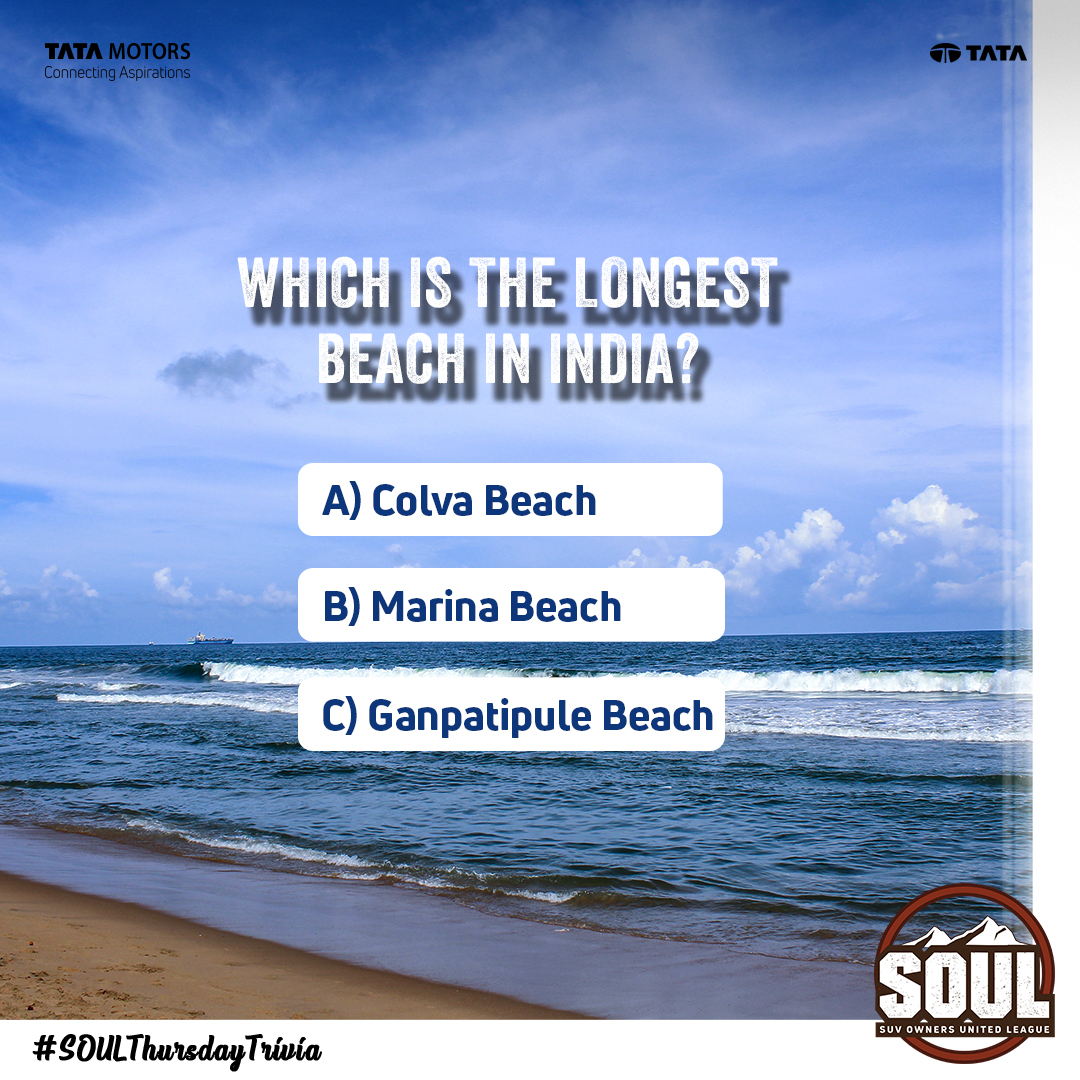 TataMotors_Cars's tweet image. Buckle up for this week’s #SOULThursdayTrivia as we give you major beachy vibes! 🏖
Know the right answer? Share it with us in the comments below.
Hint – It is the second-longest beach in the world.

#DriveWithSOUL #ConnectWithSOUL #TataHarrier #AboveAll #Harrier #TataSafari