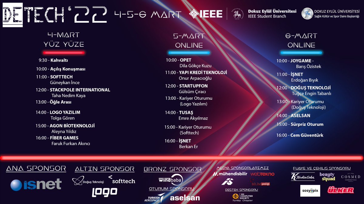 ieeedetech's tweet photo. Karşınızda DETECH'22 !!
Yapay Zeka, Blockchain, NFT, Metaverse, Savunma Sanayi, Havacılık, Girişimcilik, Oyun ve daha nicesi!!
4 Mart: DEU Mühendislik Fakültesi Dekanlığı Konferans Salonu
5 Mart: YouTube/IEEEDEU
6 Mart: YouTube/IEEEDEU
Kayıt İçin:https://t.co/qmKxM8c8UE
#ieee https://t.co/5cBcQnJ1Uf