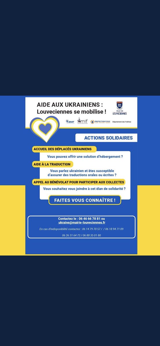 DerarDylanMEKKI's tweet photo. Notre ville @MonLouveciennes se mobilise pour aider les ukrainiens. Mme le Maire @RleLouveciennes a mis en place un programme de solidarité👇qui nous permet de réunir notre générosité envers une population actuellement fragilisée. Soyons nombreux, communiquons autour de nous 🇺🇦🕊 https://t.co/P04nV7dK3a