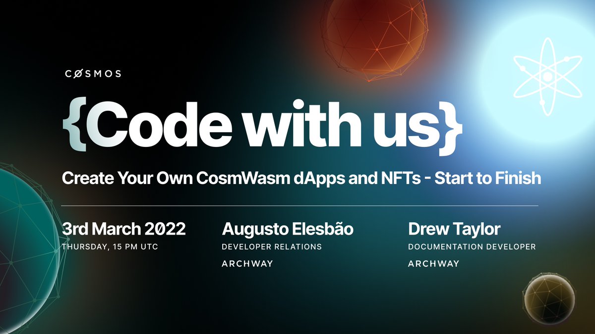 Cosmos - The Interchain โ๏ธ (@cosmos) on Twitter photo ๐ Code with us workshop
โ๏ธ Create Your Own CosmWasm dApps and NFTs
๐ 3rd March, 3 pm UTC
Learn how to create smart contracts using the <a href="/archwayHQ/">Archway ๐ </a> developer CLI, build your own dApp frontend and transfer NFT collection smart contracts.
Register ๐ v1.cosmos.network/series/code-wiโฆ ๐ Code with us workshop
โ๏ธ Create Your Own CosmWasm dApps and NFTs
๐ 3rd March, 3 pm UTC
Learn how to create smart contracts using the <a href="/archwayHQ/">Archway ๐ </a> developer CLI, build your own dApp frontend and transfer NFT collection smart contracts.
Register ๐ v1.cosmos.network/series/code-wiโฆ