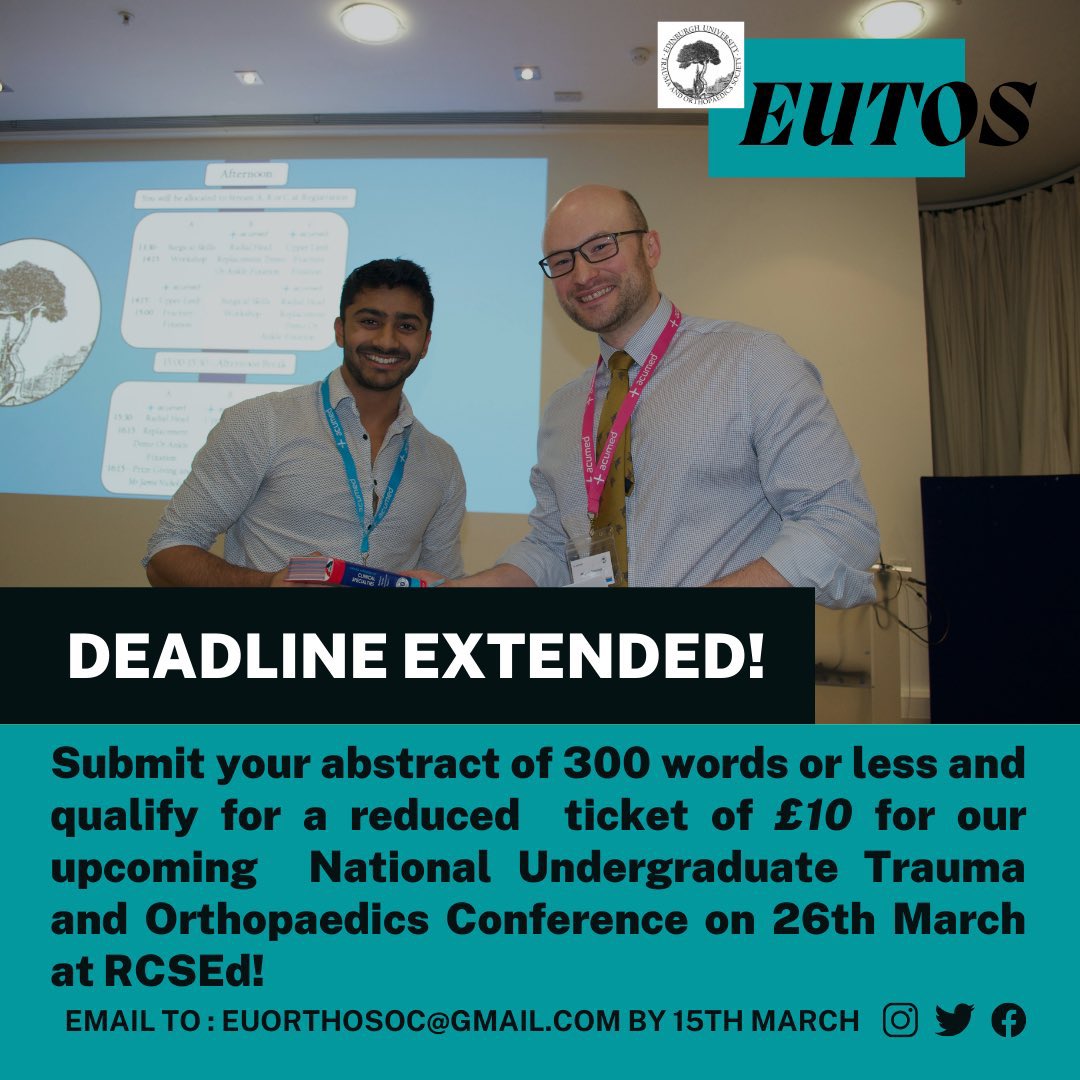 There is still time to send your abstracts in … <a href="/EUOrthoSoc/">Edinburgh University Trauma & Orthopaedics Society</a> have extended their deadline for the National Undergraduate Trauma and Orthopaedics Conference taking place on 26th March <a href="/RCSEd/">The Royal College of Surgeons of Edinburgh</a> 

#orthotwitter