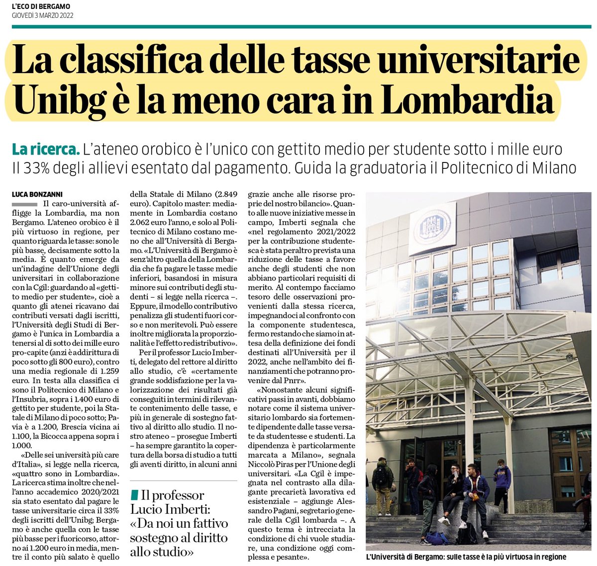 🗞 Da <a href="/webecodibergamo/">L'Eco di Bergamo</a> di oggi: l'#Ateneo orobico ha le #tasse universitarie (medie) più basse della #Lombardia.