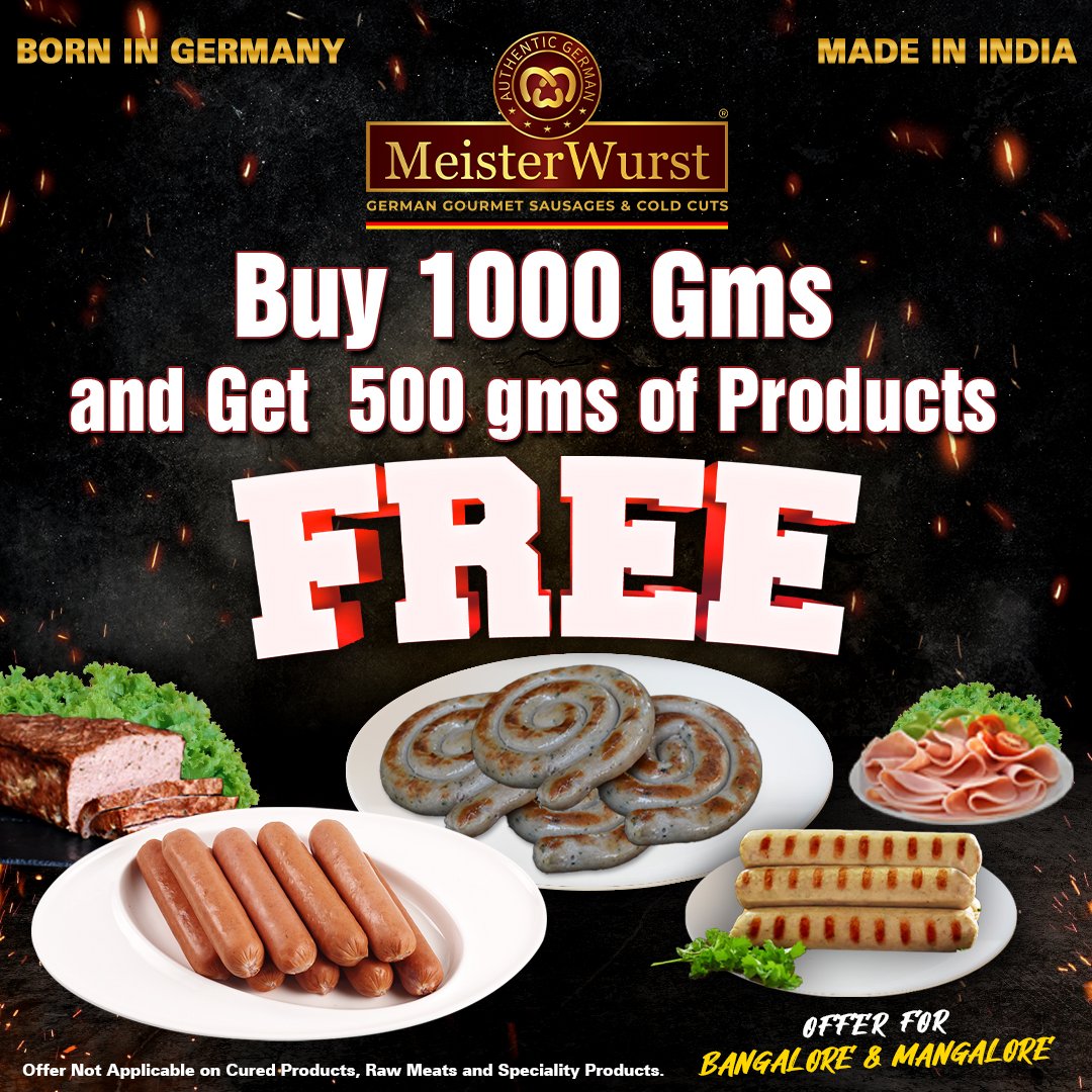 Buy 1000 gms & Get 500 gms Of the Products Free ! Offer for - Bangalore & Mangalore Order Now - meisterwurst.com/order-online/ #meisterwurstindia #sausages #coldcuts #porkaddicts #meatlover #porklover #porkbrawurst #Bangalore #mangalore #OnlineShopping #HomeDelivery #delicious