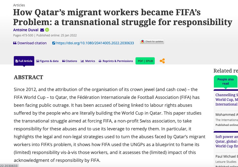 Antoine Duval (@ant1duval) on Twitter photo In my latest article for <a href="/TransLegalJ/">Transnational Legal Theory</a> I discuss how #Qatar's migrant workers became #FIFA's problem.
This is the story of a transnational struggle for responsibility.
Download it while it's free at tandfonline.com/eprint/UDETZCJ…
👇👇👇
#TransnationalLaw #BizHumanRights #Qatar2022 In my latest article for <a href="/TransLegalJ/">Transnational Legal Theory</a> I discuss how #Qatar's migrant workers became #FIFA's problem.
This is the story of a transnational struggle for responsibility.
Download it while it's free at tandfonline.com/eprint/UDETZCJ…
👇👇👇
#TransnationalLaw #BizHumanRights #Qatar2022