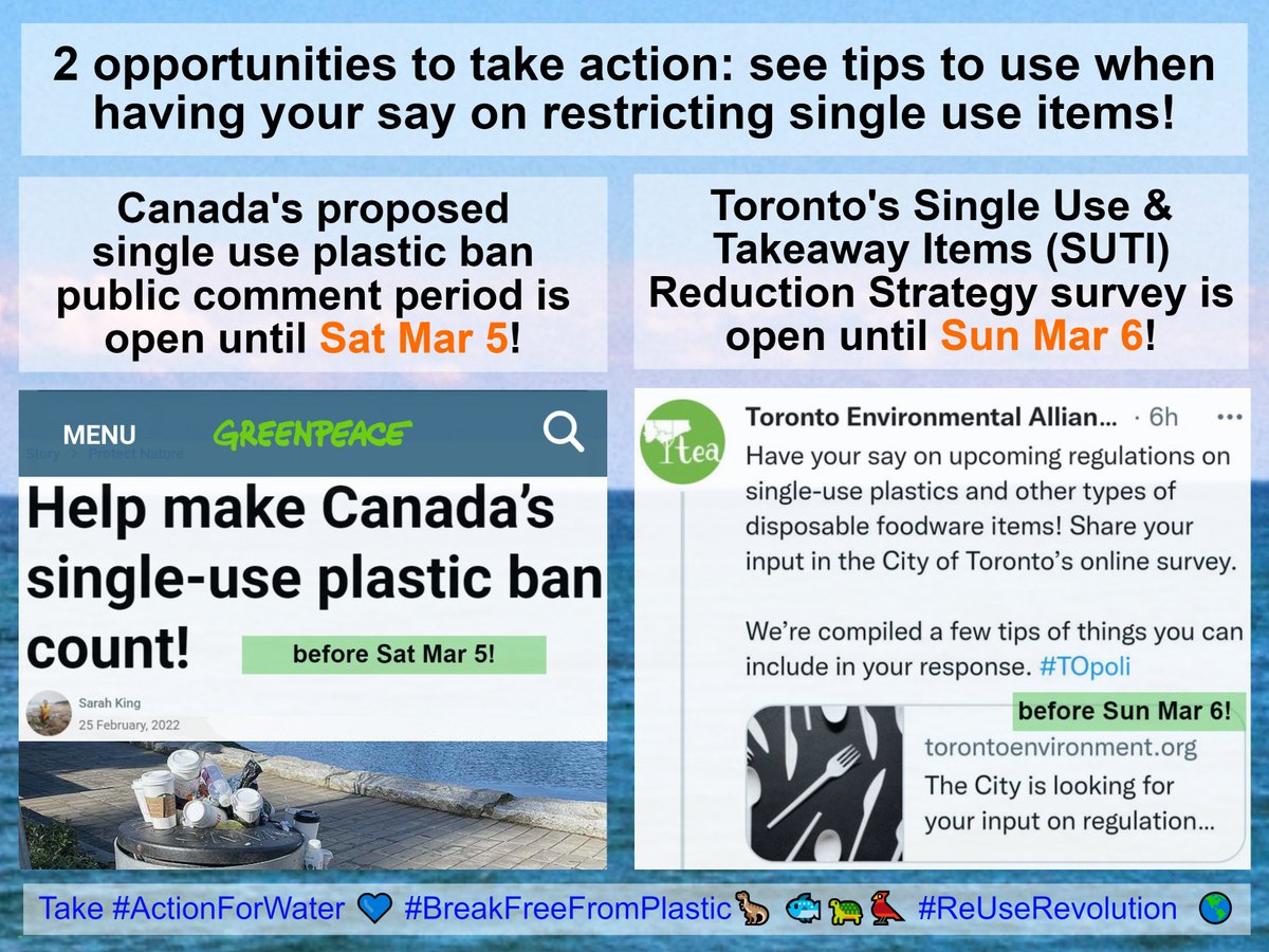Mar 5+6=opportunity deadlines to take action @ 2 different levels of govt to show support to #reduce #singleuse waste! Tips to help you ask for the best 🏆 possible regulations when having your say ✏️ on restricting single use items are ➡️
facebook.com/0wasteTO/posts… 🙌🧵(1/x)