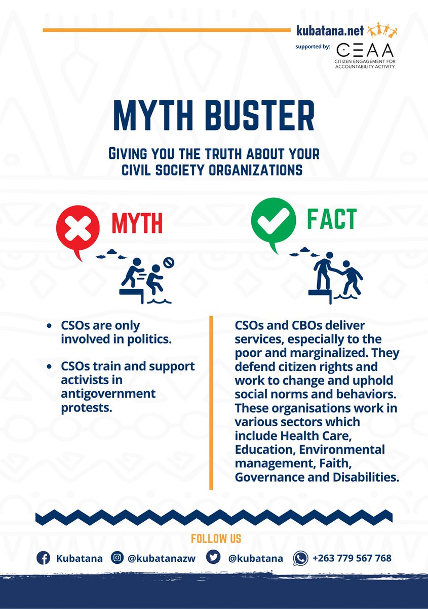 kubatana's tweet photo. CSOs are much more than just politics, they help deliver services to poor and marginalised communities and work in various sectors to protect and promote humanity. #MythBusters

#KnowYourCSOs

@zppINFO @ZwContent @ZLHRLawyers @weleadteam @ARTUZ_teachers @CEAAZim @HealZim @citezw https://t.co/c6HeIhp0TV