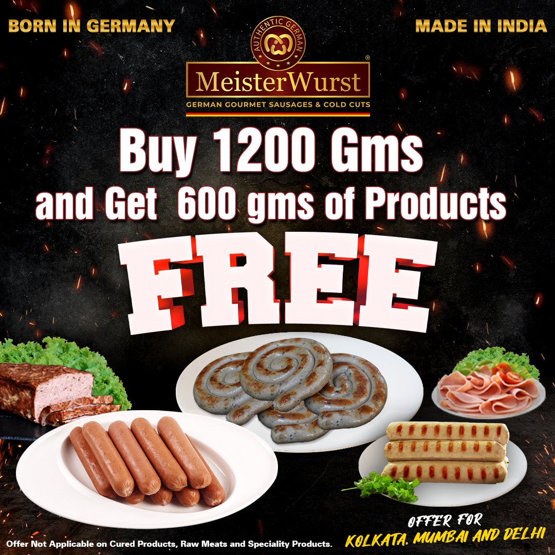 Buy 1200 gms & Get 600 gms Of Products Free ! Offer for - Kolkata, Mumbai, Delhi Order Now - meisterwurst.com/order-online/ #meisterwurstindia #sausages #coldcuts #porkaddicts #meatlover #porklover #porkbrawurst #kolkata #Delhi #Mumbai #OnlineShopping #HomeDelivery #delicious #yummy