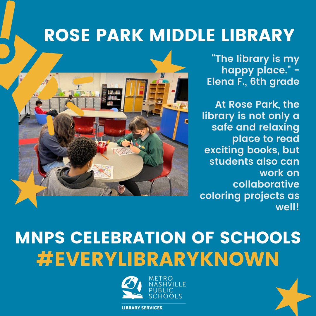 MNPSLibraries's tweet image. &quot;The library is my happy place.&quot; - Elena F., 6th grade

At Rose Park, the library is not only a safe and relaxing place to read exciting books, but students also can work on collaborative coloring projects as well! @MetroSchools #CelebrationOfSchools #EveryLibraryKnown