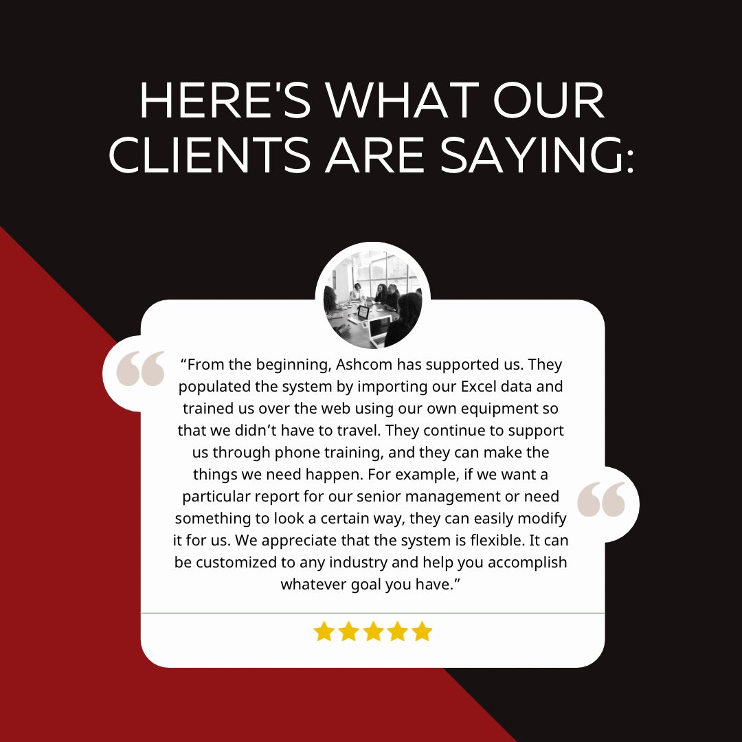 AshcomTech's tweet image. When we say your success is our success, we truly mean it. We offer hands on training, either in person or via zoom. We offer 24/7 support and custom programming. But don&apos;t just take our word for it. Check out what this client has to say.

#ashcom #maintenancesoftware