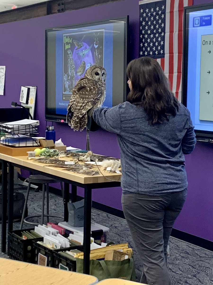 katieatowler's tweet photo. Students in wildlife ecology met Harlan the barred owl today as a follow up to their owl pellet dissection lab this week. #sccsd #cte #dorothypecautnaturecenter https://t.co/I4amaKXODI