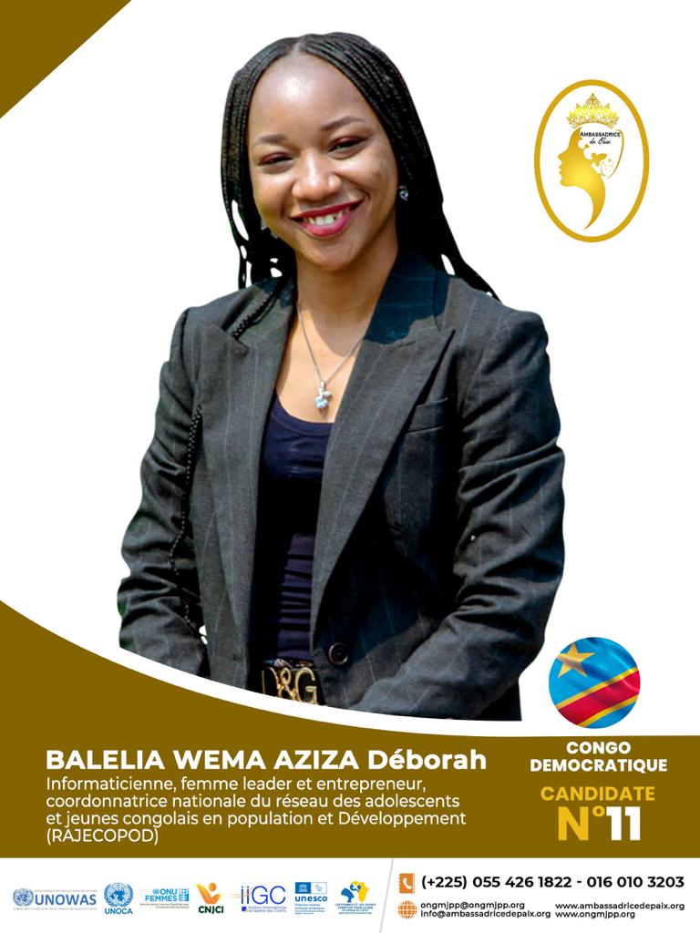 RAJECOPODNATIO2's tweet photo. Cliquez sur le lien ci-dessous, Votons tous pour BALELIA-WEMA AZIZA DÉBORAH, Candidate n°11 au concours international des Ambassadrices de la Paix. Elle représente la RDC à ce concours international.@7sur7_cd @Presidence_RDC @DeniseNyakeru @JeunesseCN_RDC

https://t.co/iVvm8bxEyB https://t.co/xIr4TyP7y8