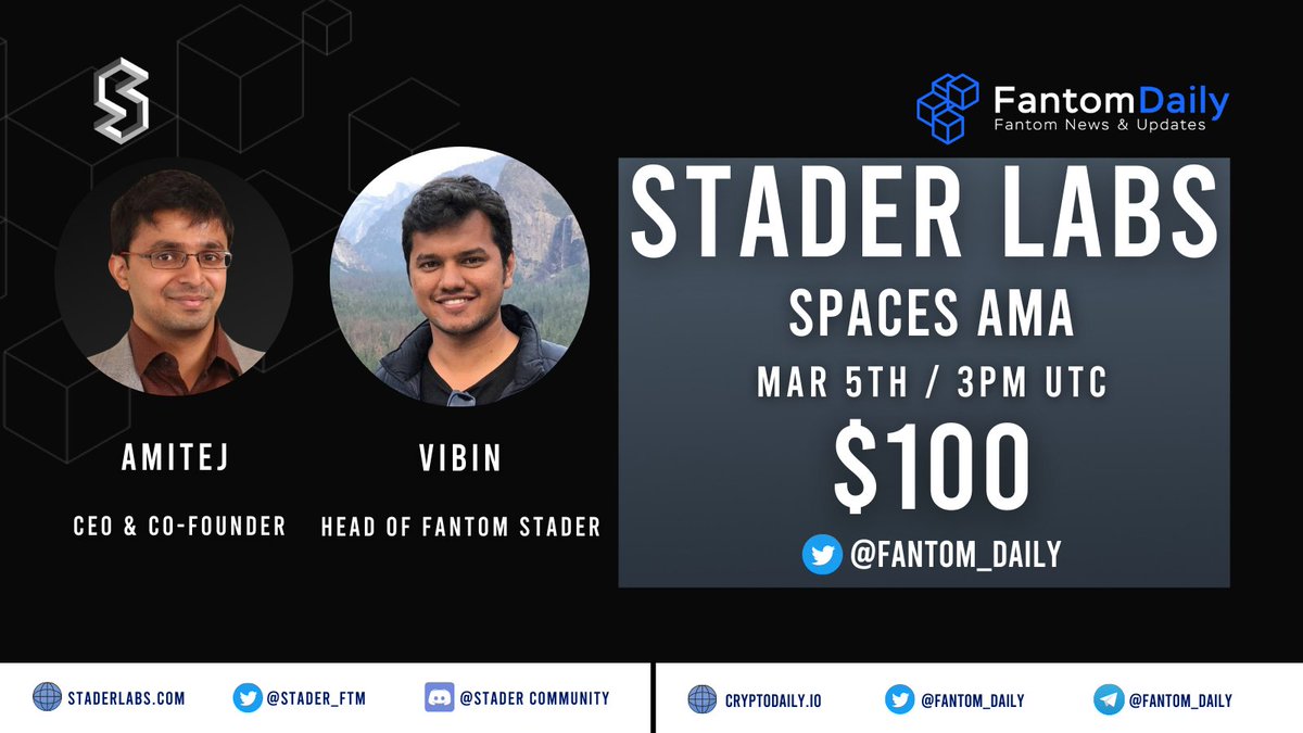 We’re excited to announce that we’ll be hosting an AMA with <a href="/stader_ftm/">Stader.Fantom</a>

❓AMA type: Spaces

🗓️Date: March 5th at 3PM UTC

📍Venue: x.com/i/spaces/1MYxN…

💰Prize Pool: $100 BUSD

Submit your questions + BEP20 address under this Tweet. The best ones could be chosen for the AMA!