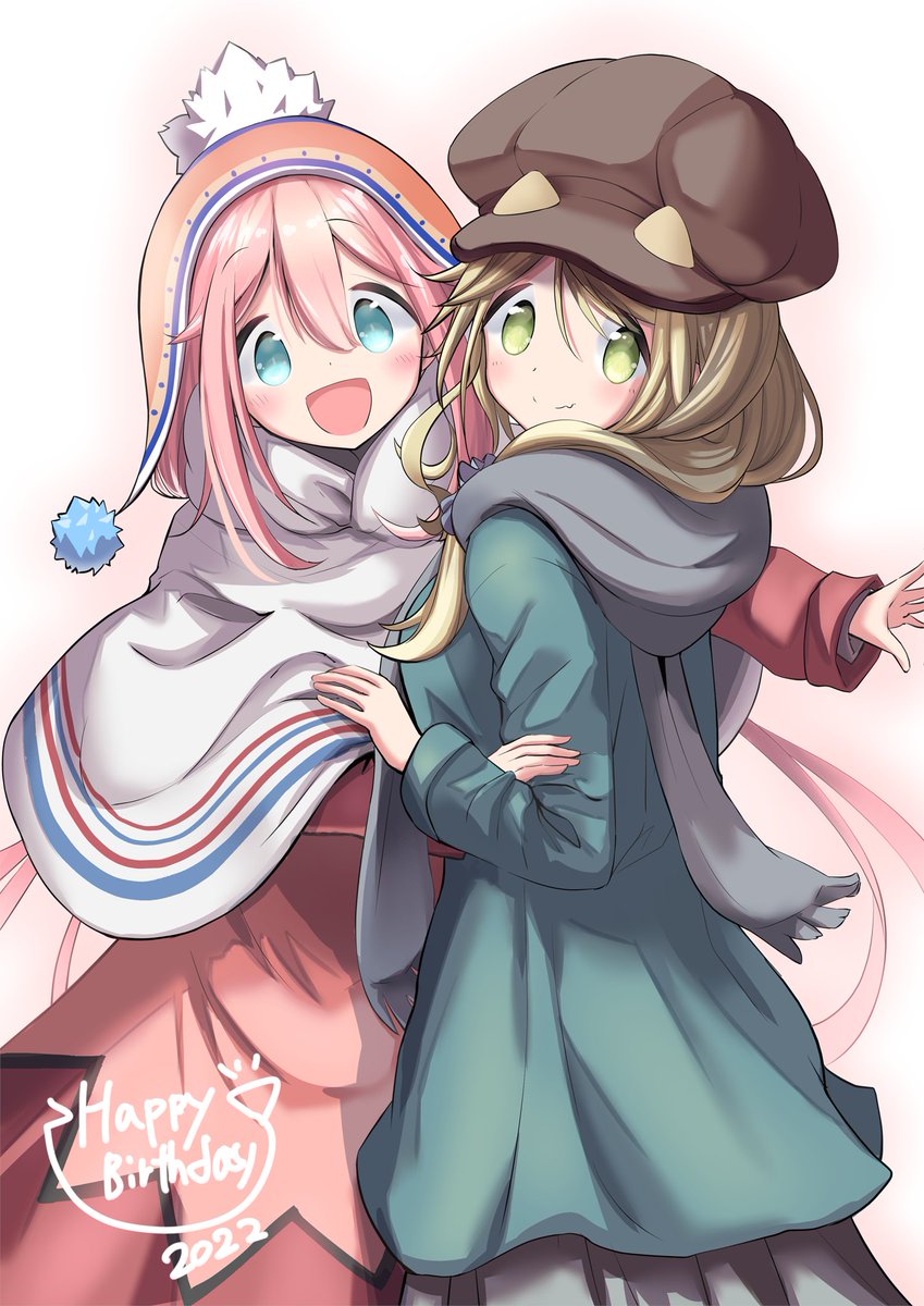 inuyama aoi ,kagamihara nadeshiko multiple girls 2girls pink hair hat smile long hair scarf  illustration images