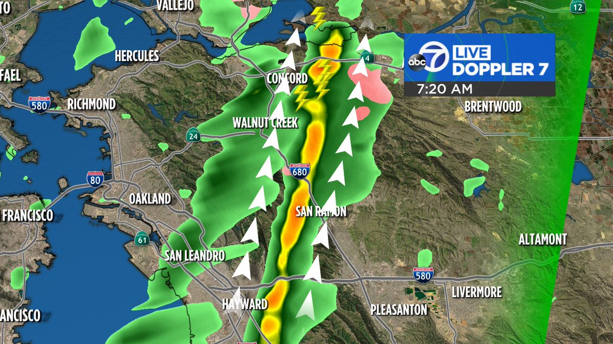 DrewTumaABC7's tweet photo. A line of thunderstorms with a history of lightning and hail is moving through parts of the East Bay this morning. If you hear thunder, stay inside until the storm passes. https://t.co/OnWON7sFWl