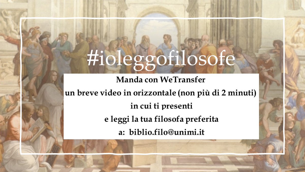 bibliofilosofia's tweet photo. ♀️Per tutto il mese di marzo, vogliamo scoprire e far riscoprire le #filosofe 🤩partecipa a #ioleggofilosofe
➡️manda tramite WeTransfer un breve video a📩biblio.filo@unimi.it con la lettura di un passo della tua filosofa "preferita" 📲lo riposteremo nei nostri social
@LaStatale https://t.co/rqsUz3K8e5